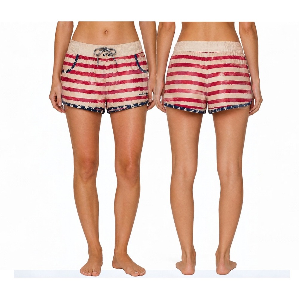 Raya Sun Red White Blue Patriotic American Flag Swim Shorts Women's Size Small